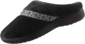 isotoner Women's Classic Hoodback W Memory Foam Slipper, Black with White Flower Trim, 6.5-7
