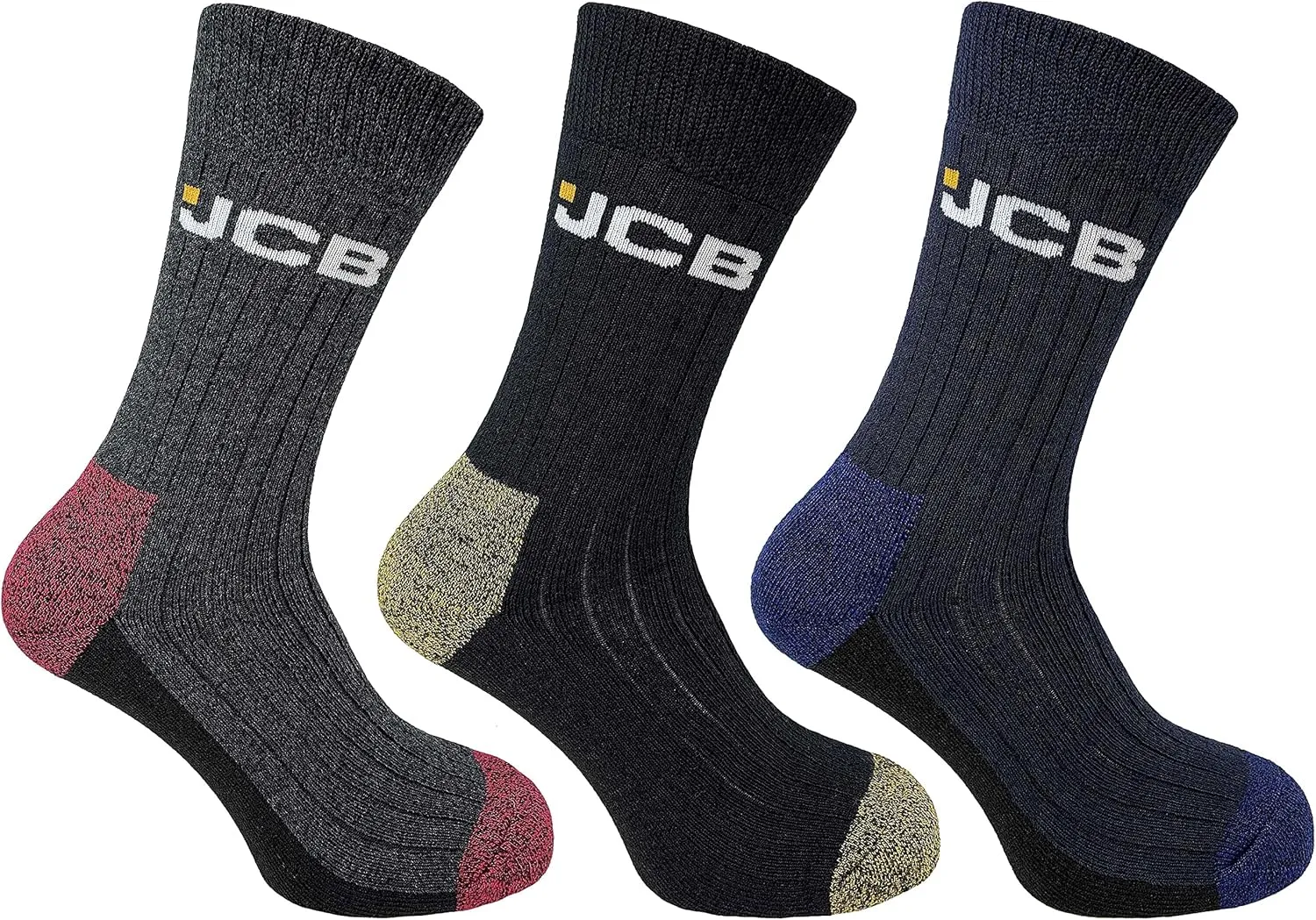 JCB - Socks - Workwear Apparel Socks Men's - Men's Socks - Work Socks - Boot Socks - 3 Pack - Assorted Black Socks - US 7-12, EUR 39-46