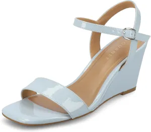 Journee Womens cushioned footbed Dressy Wedge Sandal Clayr Faux Leather Wedge Heel Ankle Straps 2-3 Inch Heel Open Toe