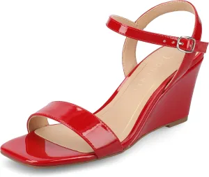 Journee Womens cushioned footbed Dressy Wedge Sandal Clayr Faux Leather Wedge Heel Ankle Straps 2-3 Inch Heel Open Toe