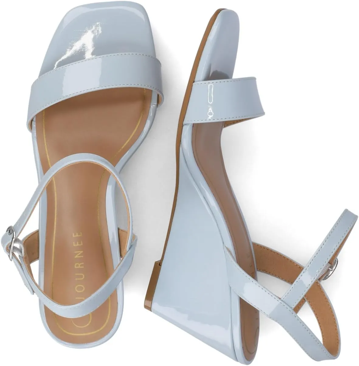 Journee Womens cushioned footbed Dressy Wedge Sandal Clayr Faux Leather Wedge Heel Ankle Straps 2-3 Inch Heel Open Toe