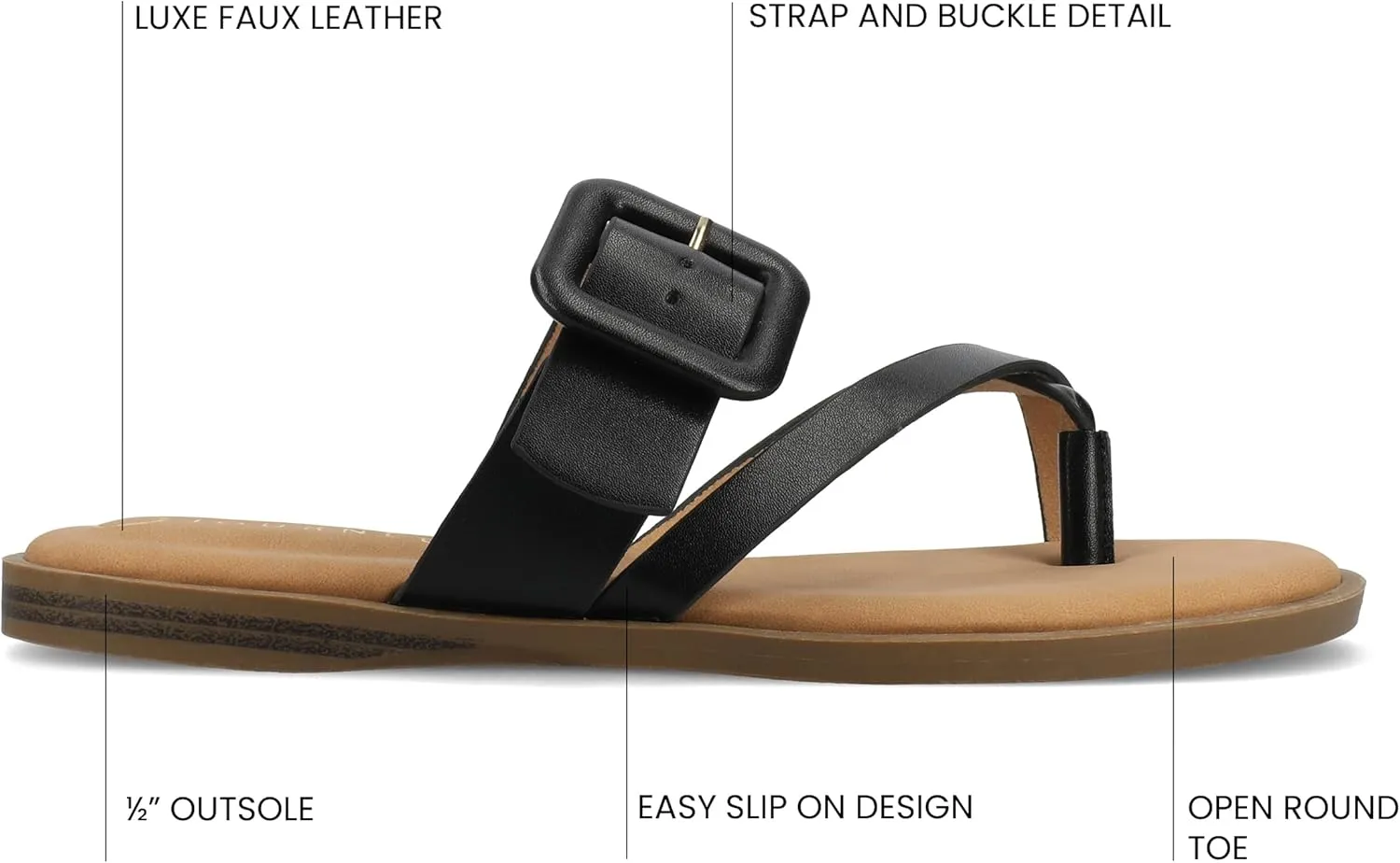 Journee Womens cushioned footbed Layra Slide on Sandal Faux Leather Oversized Buckle Multi Straps Flat sole