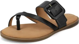 Journee Womens cushioned footbed Layra Slide on Sandal Faux Leather Oversized Buckle Multi Straps Flat sole