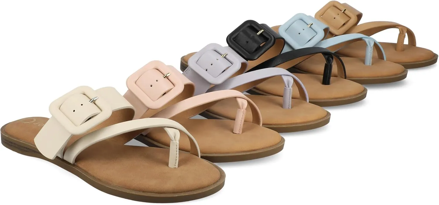 Journee Womens cushioned footbed Layra Slide on Sandal Faux Leather Oversized Buckle Multi Straps Flat sole