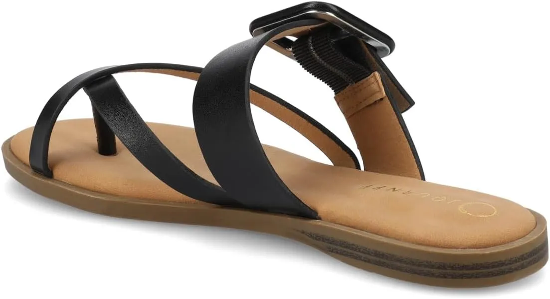 Journee Womens cushioned footbed Layra Slide on Sandal Faux Leather Oversized Buckle Multi Straps Flat sole