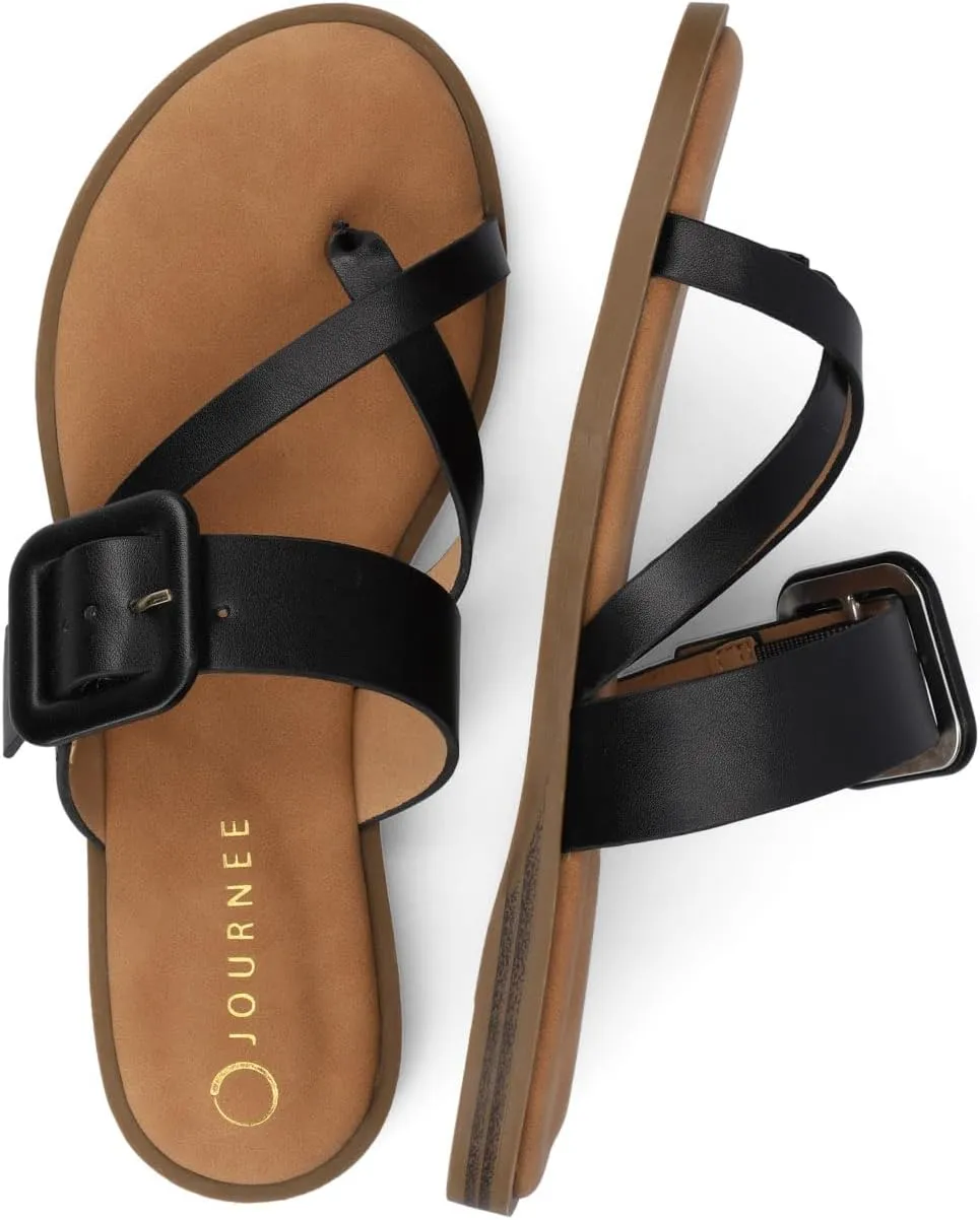 Journee Womens cushioned footbed Layra Slide on Sandal Faux Leather Oversized Buckle Multi Straps Flat sole