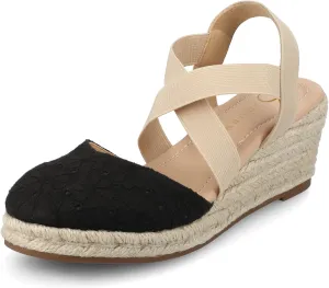 Journee Womens cushioned footbeds Ashlee wedge heel espadrille sandal soft fabric uppers ankle strap sandal round-toe