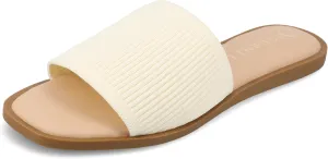 Journee Womens Linen Knit Flexible One Band Slip On Slide Open Square Toe Prisilla Tru Comfort Foam Sandals Bone 7.5 Wide WOMENS US