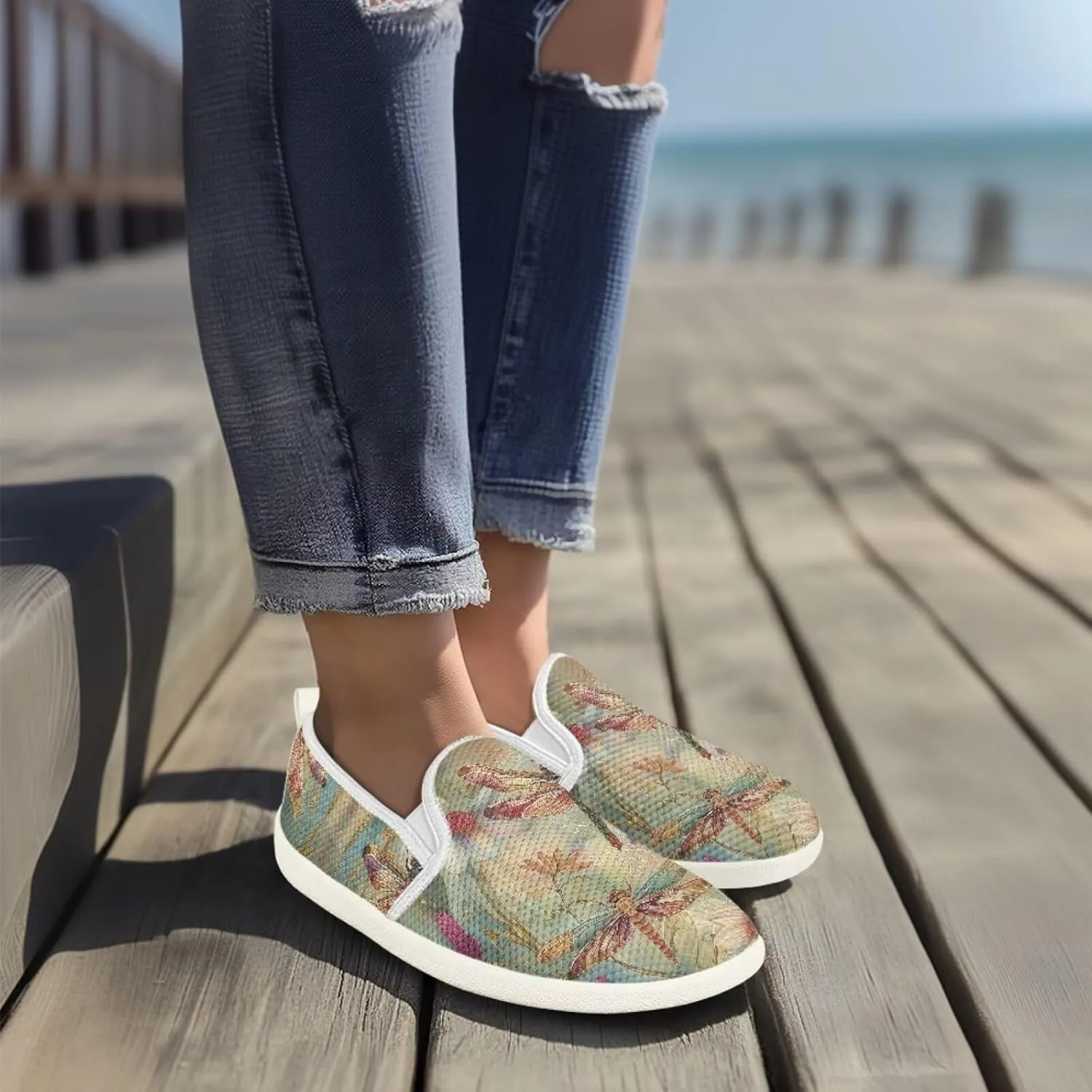 JoyLamoria Retro Butterfly Print Slip on Sneakers Mesh Fashion Running Shoes Sneakers Women Men Walking Shoes Arch Support Causal Flats