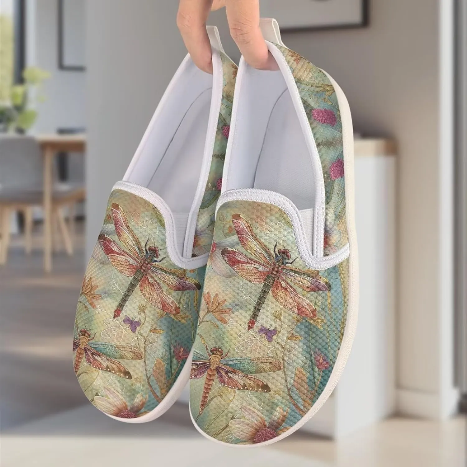 JoyLamoria Retro Butterfly Print Slip on Sneakers Mesh Fashion Running Shoes Sneakers Women Men Walking Shoes Arch Support Causal Flats