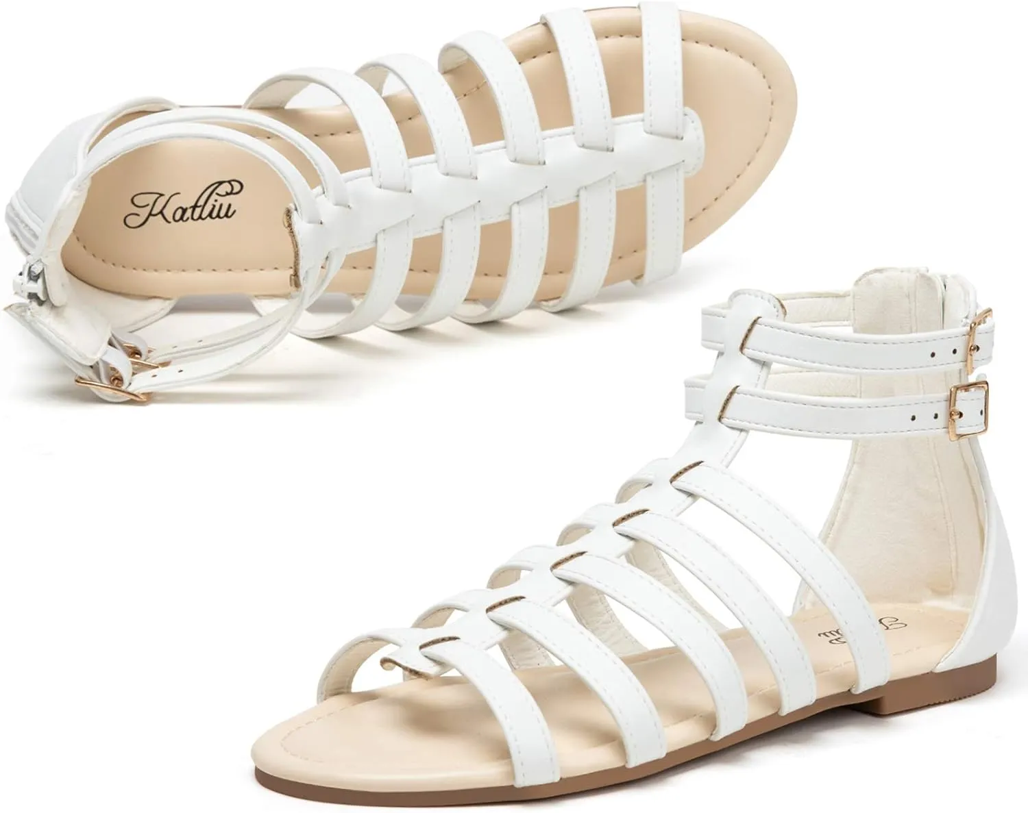 katliu Women's Gladiator Sandal Flat Strap Sandals Two Ankle Buckle