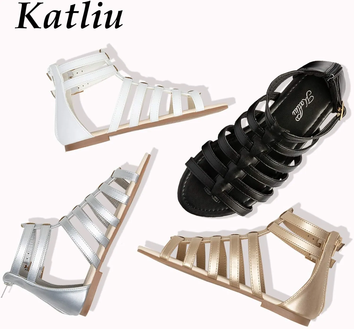katliu Women's Gladiator Sandal Flat Strap Sandals Two Ankle Buckle
