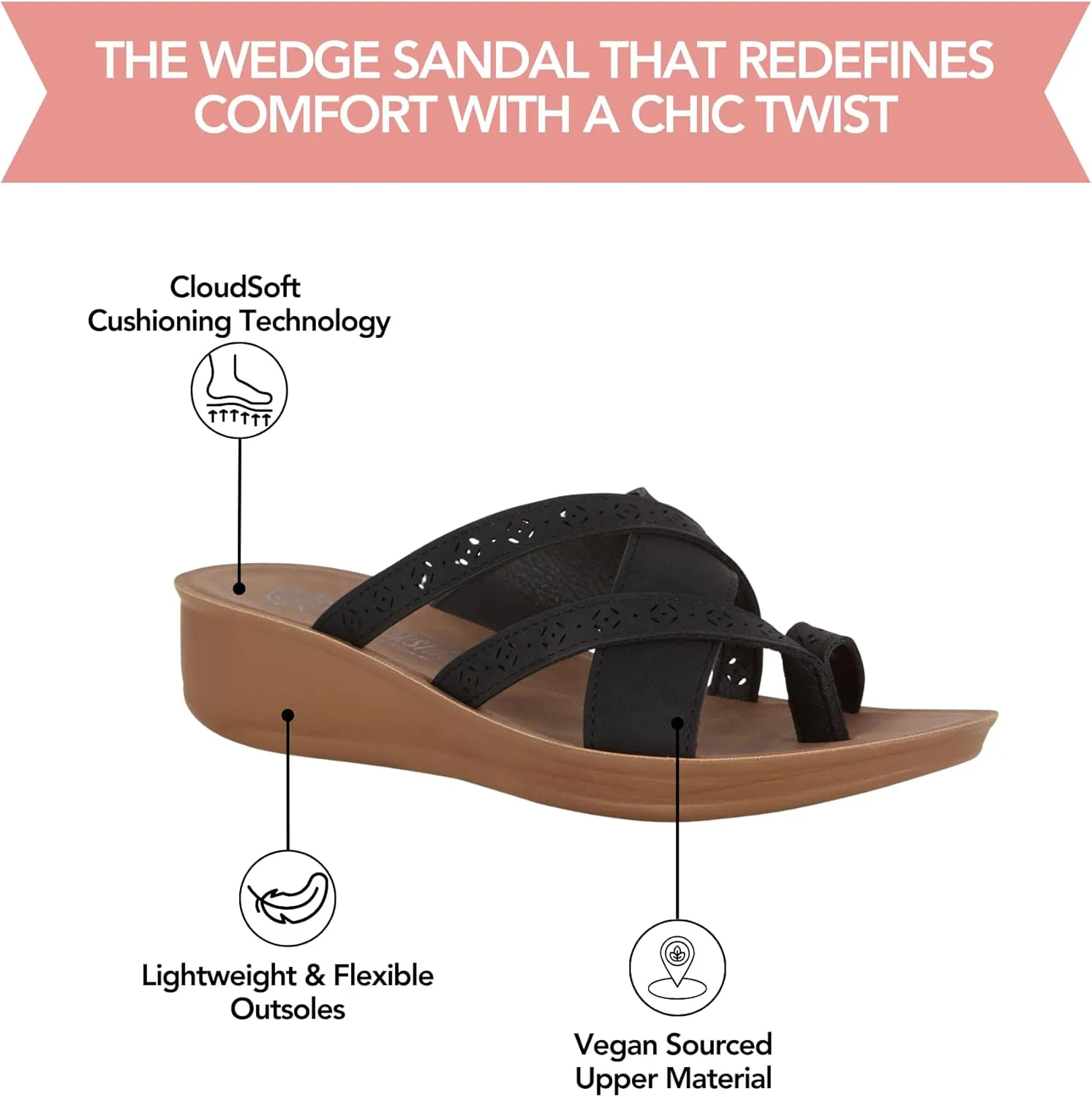 Keegan Women’s Wedge Sandal – Comfortable Open-Toe Wedges with Cushioned Insole, Available in Black & Navy, Medium Width Sizes 6-10