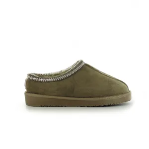 Kelly: Embroided Faux Fur Lined Mule Slippers - Olive