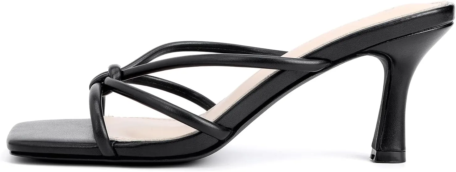 Kitten Strappy Heels for Women Knotted Square Open Toe Slip On Mule Heels Mid Heeled Sandals