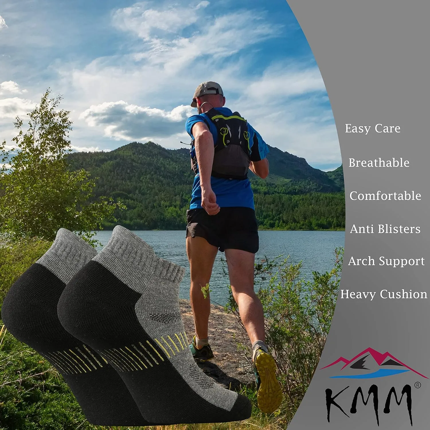 KMM Men's Merino Wool No Show Ankle Socks with Cushion Low Tab Summer for Outdoor Hiking Golf Loafer Sneaker Trail Running
