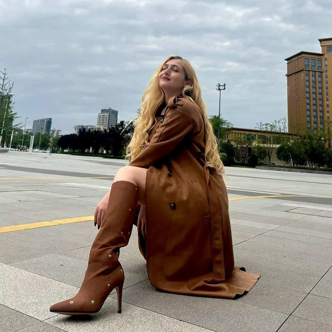 Knee High Boots for Women Stiletto Heel Shark Booties Pointed Toe Slouchy Boot Thigh High Boots with Detachable Snap-off Panel Back Zipper