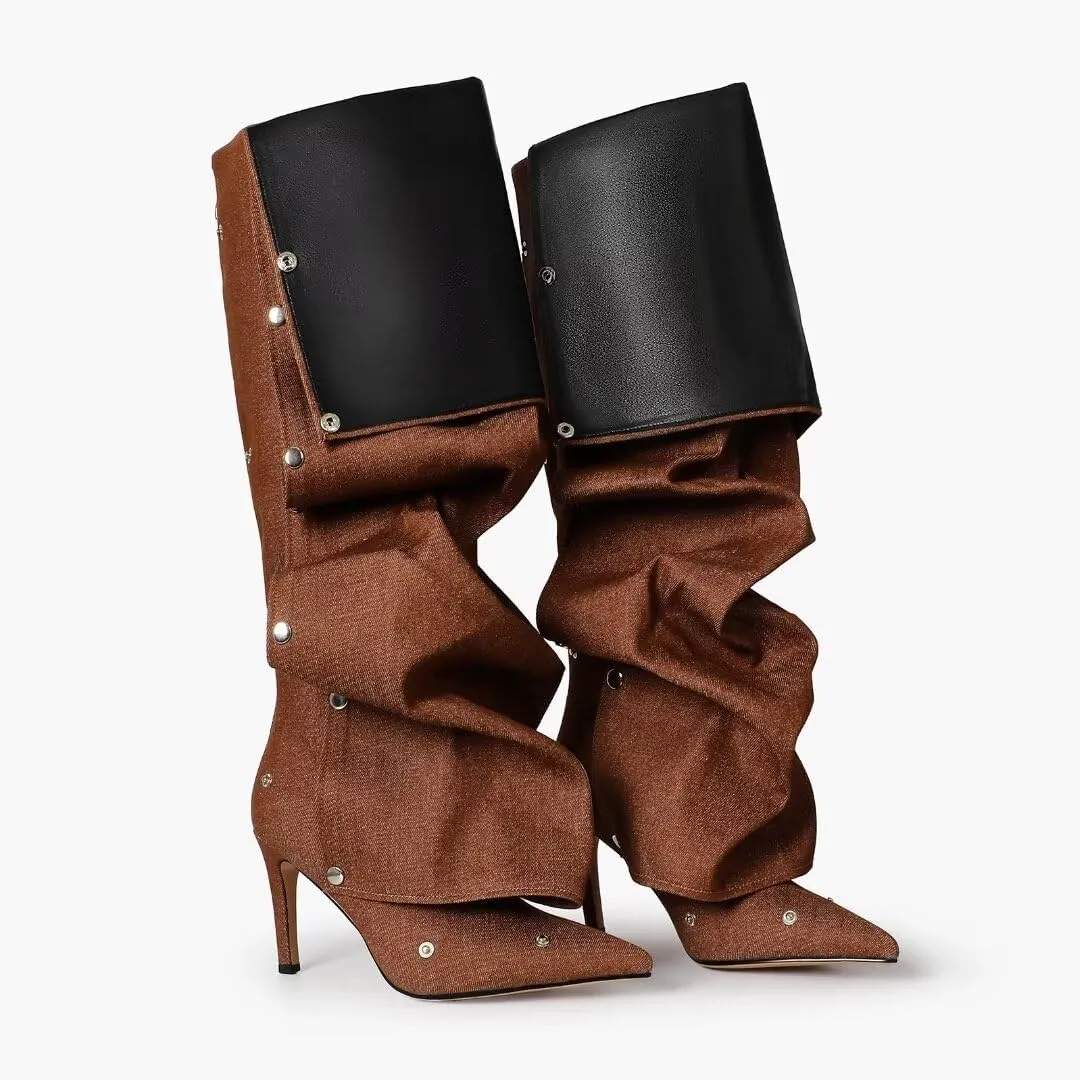 Knee High Boots for Women Stiletto Heel Shark Booties Pointed Toe Slouchy Boot Thigh High Boots with Detachable Snap-off Panel Back Zipper