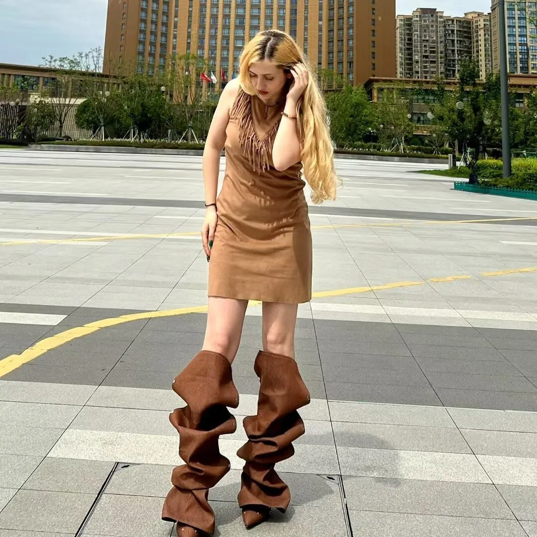 Knee High Boots for Women Stiletto Heel Shark Booties Pointed Toe Slouchy Boot Thigh High Boots with Detachable Snap-off Panel Back Zipper