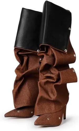 Knee High Boots for Women Stiletto Heel Shark Booties Pointed Toe Slouchy Boot Thigh High Boots with Detachable Snap-off Panel Back Zipper