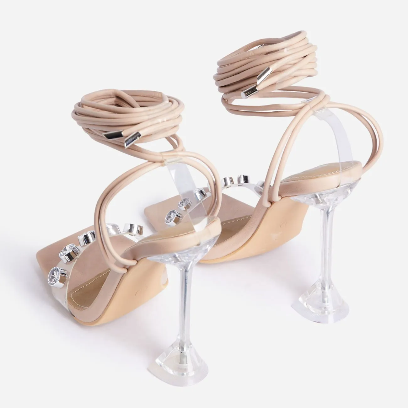 Lace Detail Clear Pyramid Up Toe Luxurious Square Reina NUDE Perspex Heel, LuxeModa Excellent service Gem