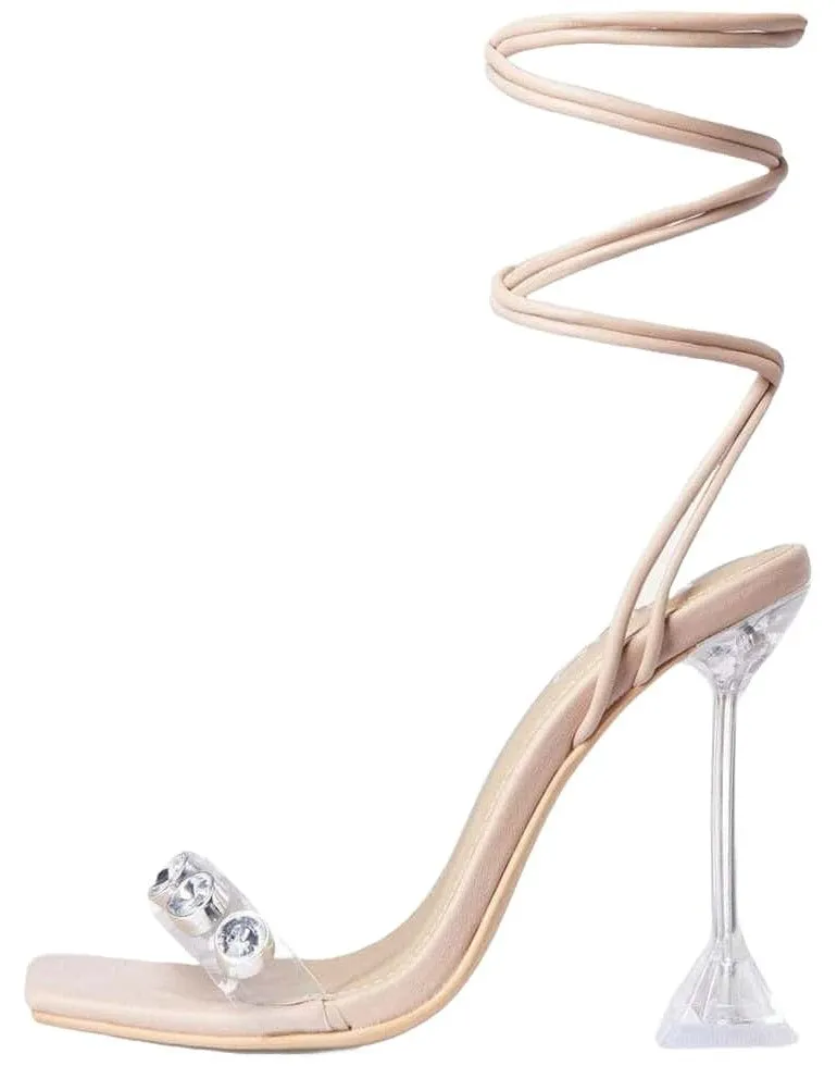 Lace Detail Clear Pyramid Up Toe Luxurious Square Reina NUDE Perspex Heel, LuxeModa Excellent service Gem