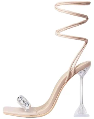 Lace Detail Clear Pyramid Up Toe Luxurious Square Reina NUDE Perspex Heel, LuxeModa Excellent service Gem