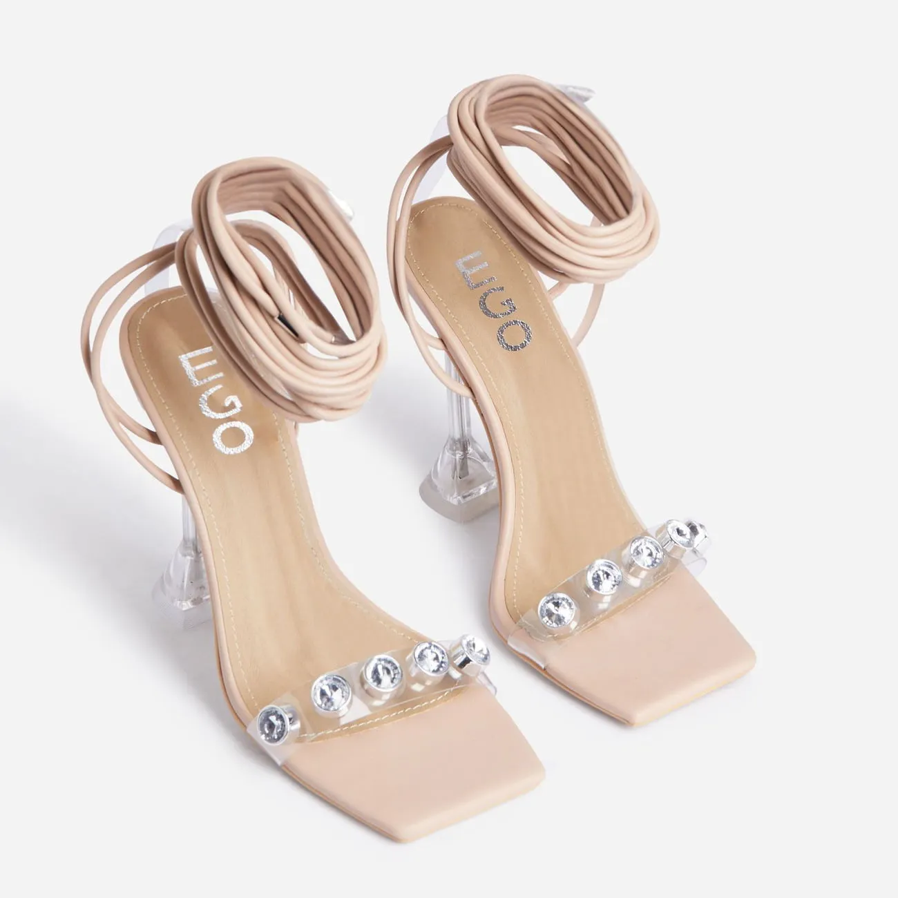 Lace Detail Clear Pyramid Up Toe Luxurious Square Reina NUDE Perspex Heel, LuxeModa Excellent service Gem