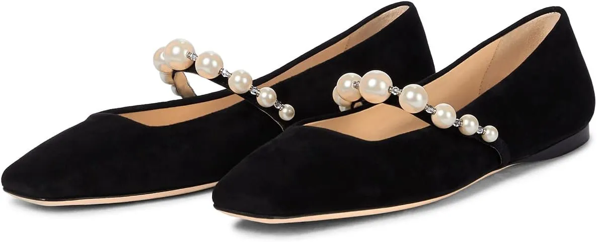 LEHOOR Women Pearl Mary Jane Flats Square Closed Toe Ballet Flats Comfortable Slip-on Flat Pumps Elegant Suede Flat Heel Loafer Dress Shoes Office Ladies Work Shoe Walking Church Party Size 4-11 M US