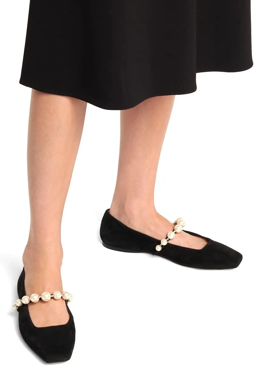 LEHOOR Women Pearl Mary Jane Flats Square Closed Toe Ballet Flats Comfortable Slip-on Flat Pumps Elegant Suede Flat Heel Loafer Dress Shoes Office Ladies Work Shoe Walking Church Party Size 4-11 M US