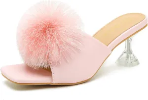 LIURUIJIA Womens Pom Poms Mule Heels Sandals Comfortable Square Toe Low Heels Party Wedding Shoes