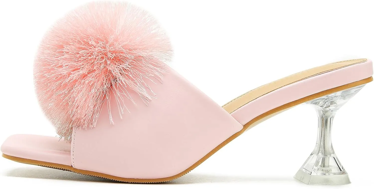 LIURUIJIA Womens Pom Poms Mule Heels Sandals Comfortable Square Toe Low Heels Party Wedding Shoes