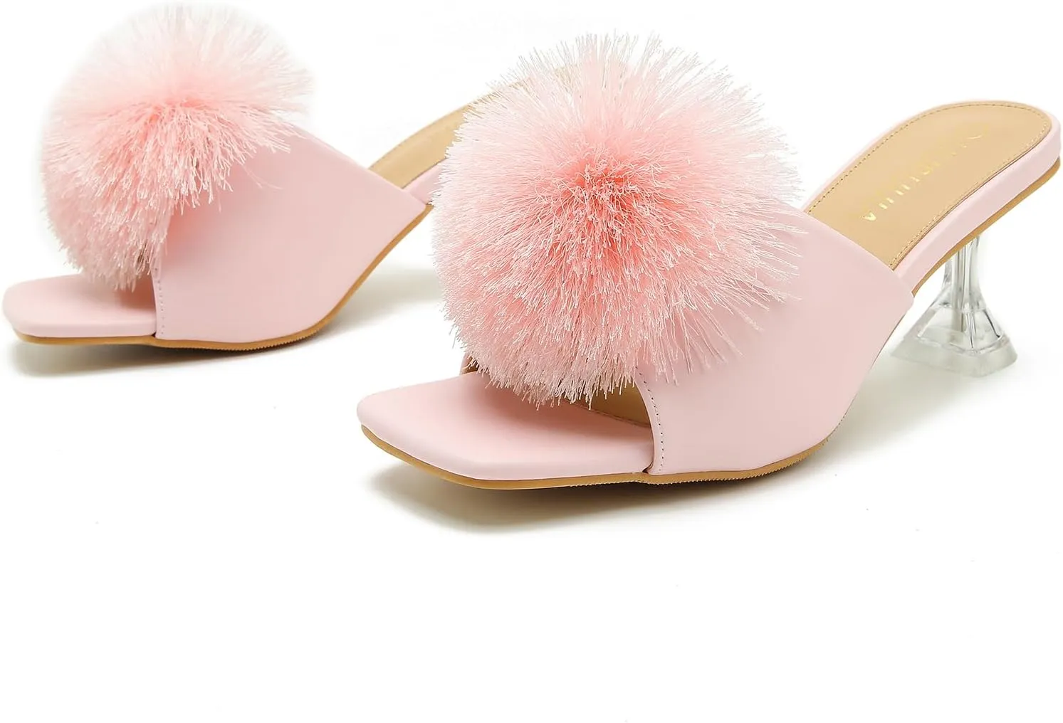 LIURUIJIA Womens Pom Poms Mule Heels Sandals Comfortable Square Toe Low Heels Party Wedding Shoes