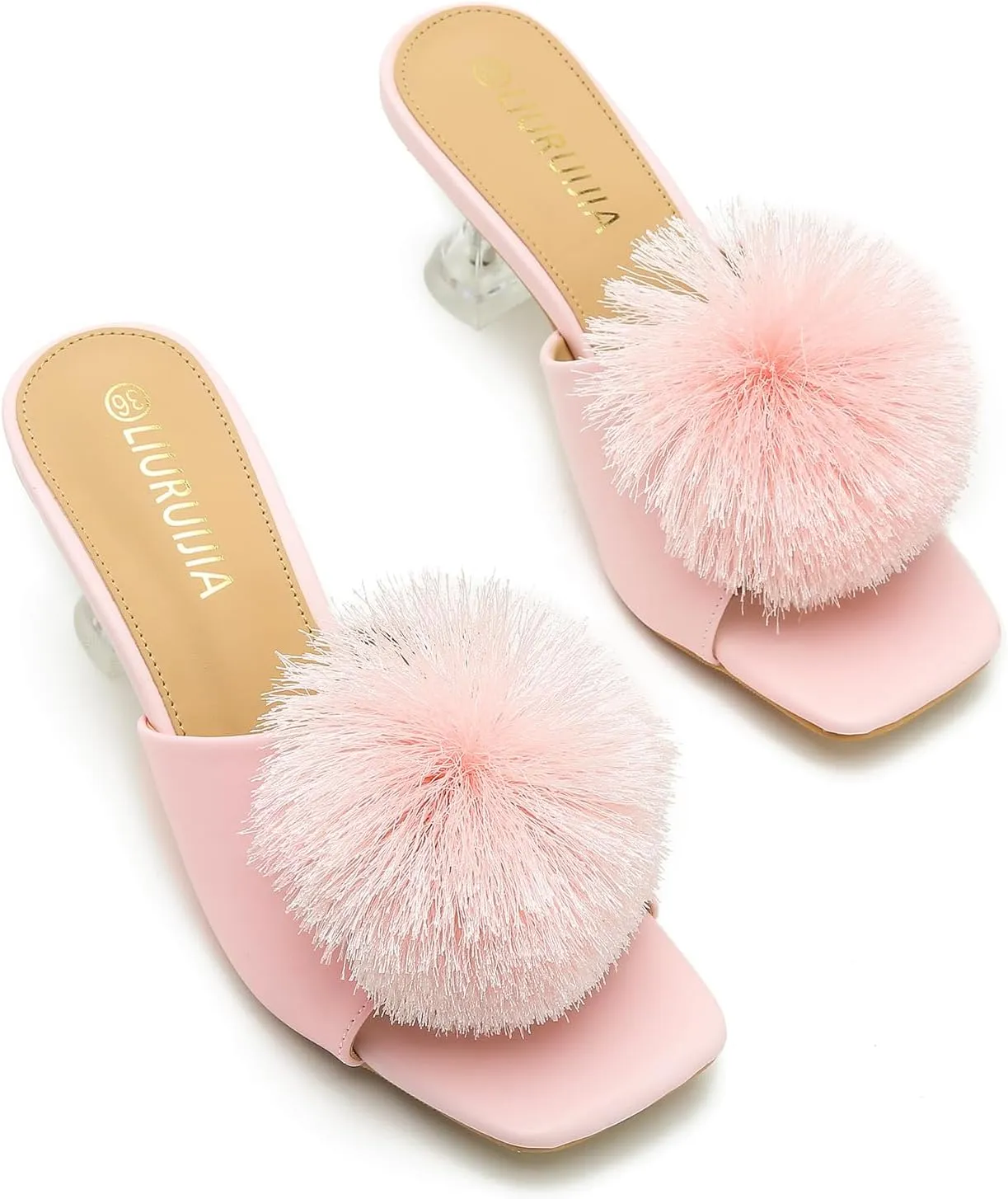 LIURUIJIA Womens Pom Poms Mule Heels Sandals Comfortable Square Toe Low Heels Party Wedding Shoes