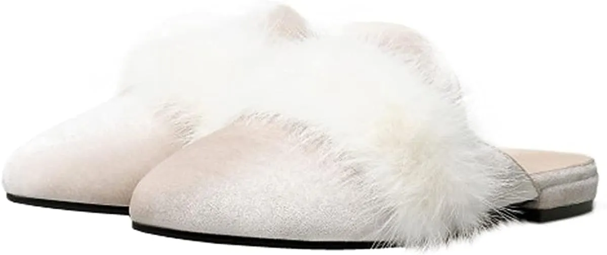 Loafers for Women, Womens Embroidery Mule Shoes Velvet Backless Slip On Loafers Pointed Toe Flat Mule Slides