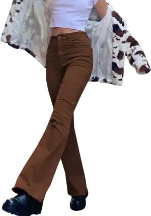 LONGBIDA High Waisted Flare Jeans for Women-Stretch Skinny Bell Bottom Jean Straight Leg Frayed Raw Hem Denim Pants