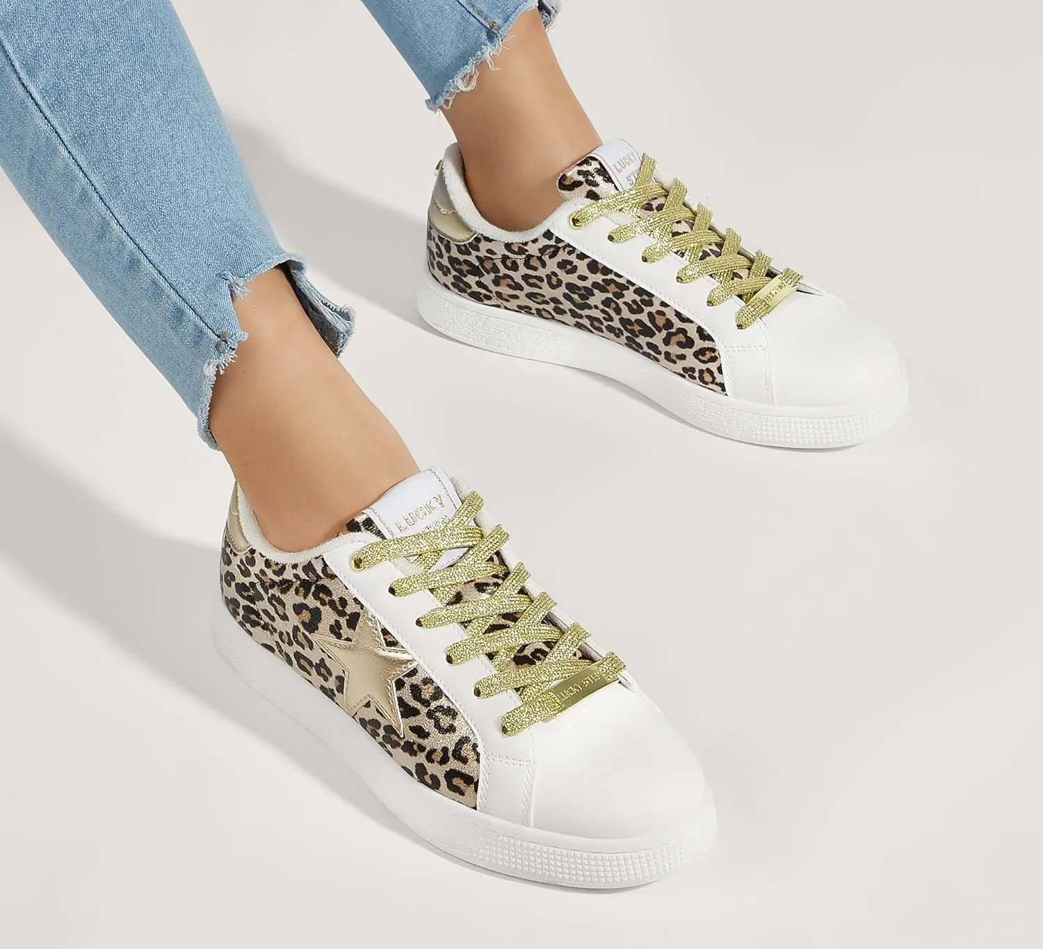 LUCKY STEP Women's Fashion Star Sneaker Lace Up Low Top Comfortable Cushioned Walking Shoes