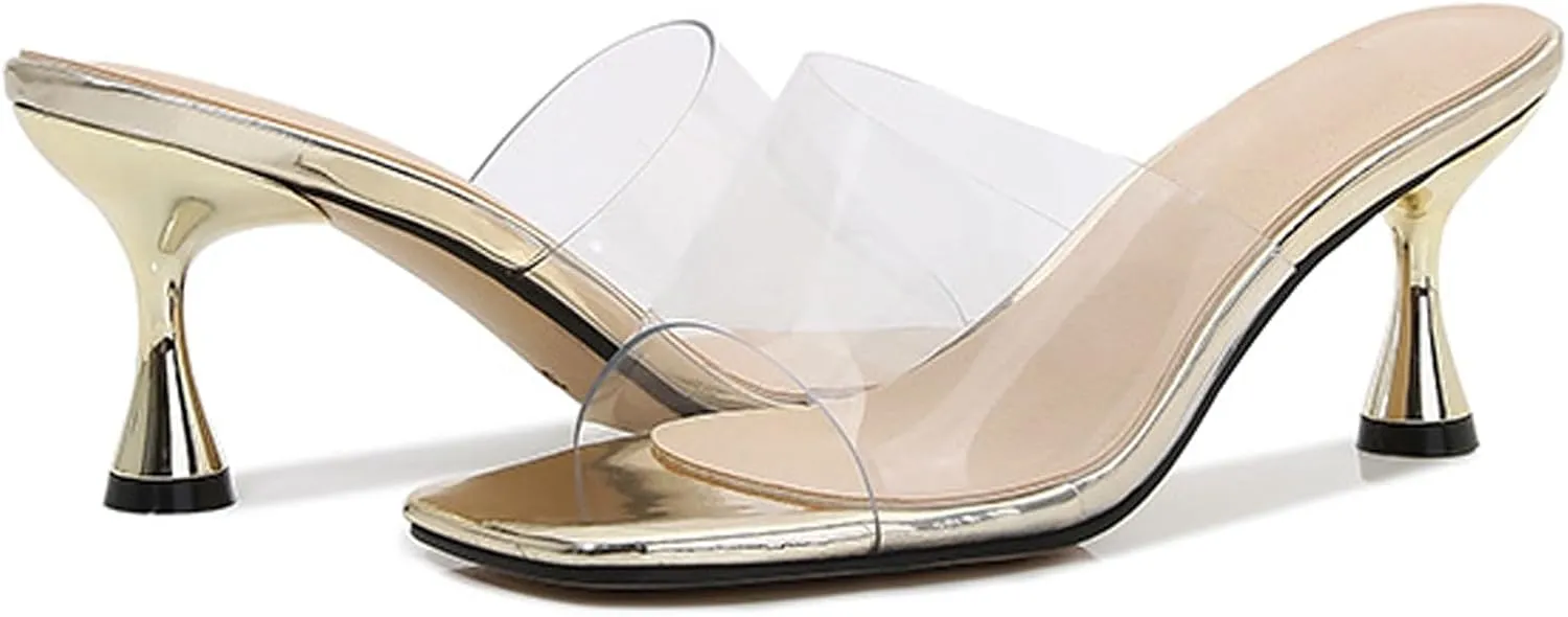 Lymphvity Clear Heeled Sandals for Women Kitten Heels Sandals Open Square Toe Transparent High Heel Mule Sandals Slip On Party Dress Shoes