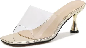 Lymphvity Clear Heeled Sandals for Women Kitten Heels Sandals Open Square Toe Transparent High Heel Mule Sandals Slip On Party Dress Shoes