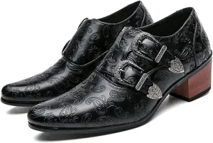 Men Pointed Toe Formal Dress Leather Shoes Personality Monk-Strap Slip-On Oxford Loafer Chunky Heel Arch Support Low Top Bootie