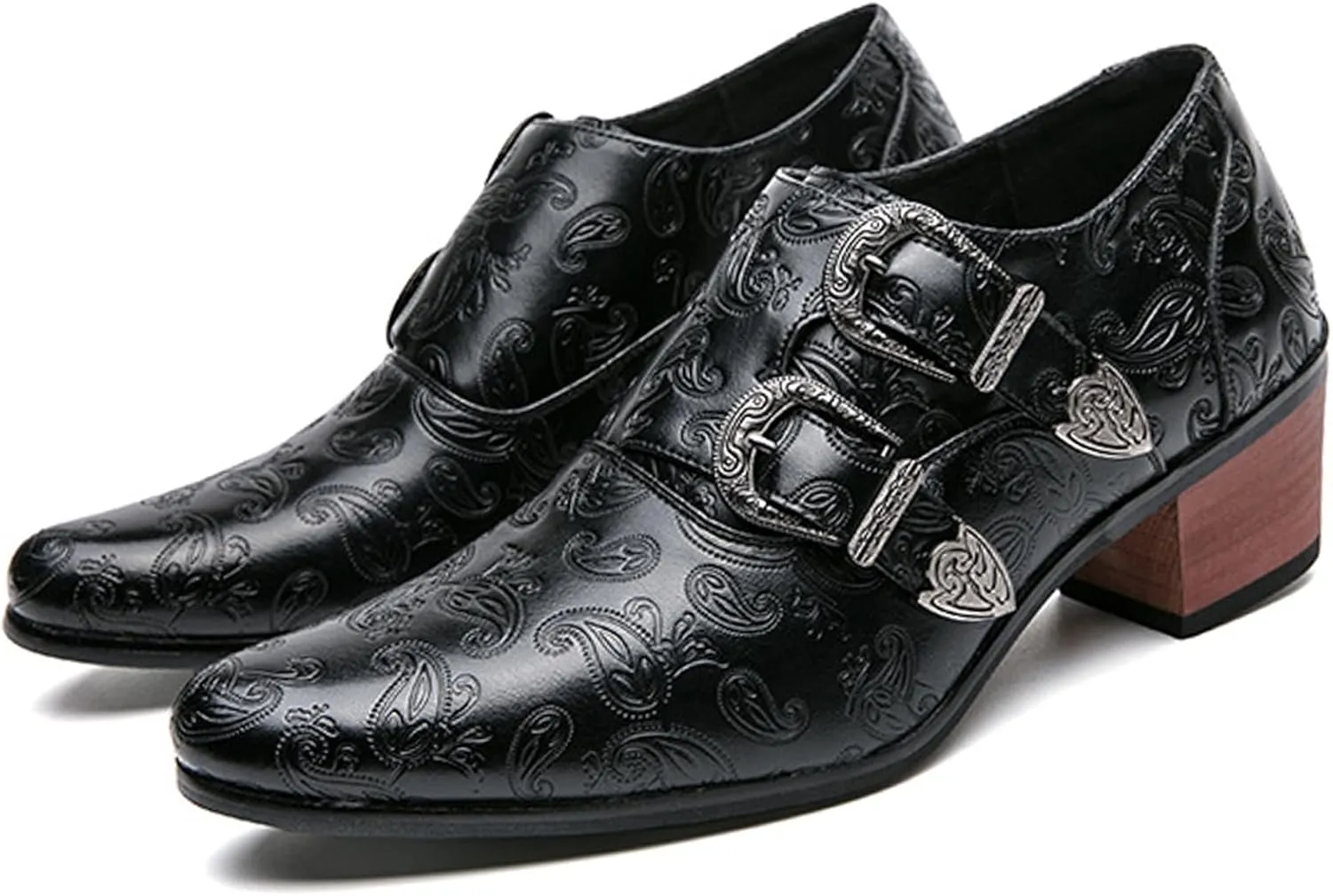 Men Pointed Toe Formal Dress Leather Shoes Personality Monk-Strap Slip-On Oxford Loafer Chunky Heel Arch Support Low Top Bootie