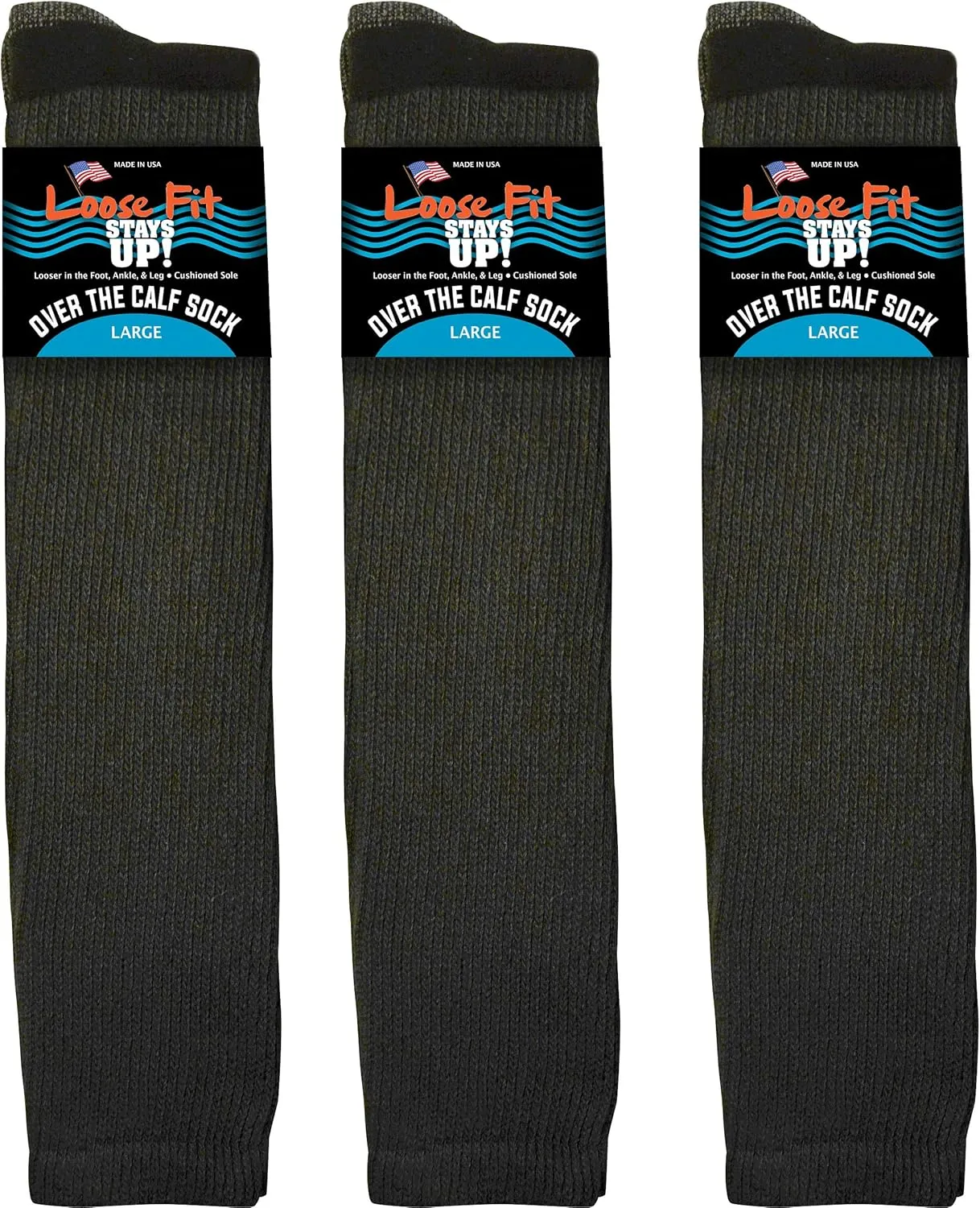 Men's and Women's Over the Calf Boot Socks (Knee High) 3 PK Made in USA Cushioned Sole
