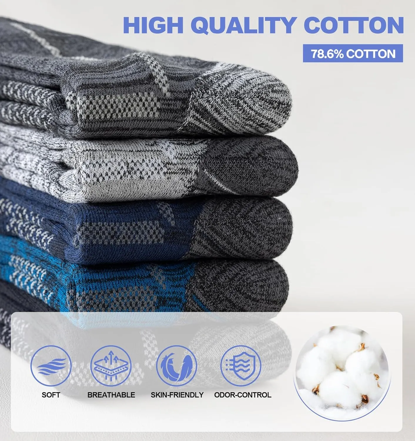 Men's Cotton Crew Work Socks, 5 Pairs Cushioned Boot Socks,Moisture Wicking Athletic Socks for Hiking Sports Running