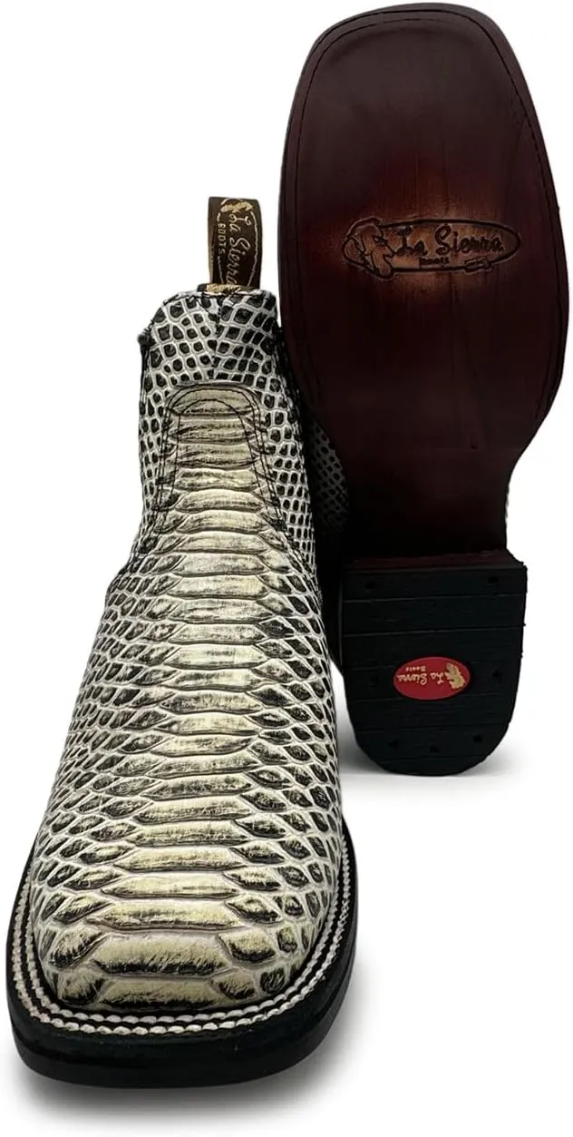 Men’s Genuine Leather Square Toe Embossed Python Snake Print Short Ankle Cowboy Boot