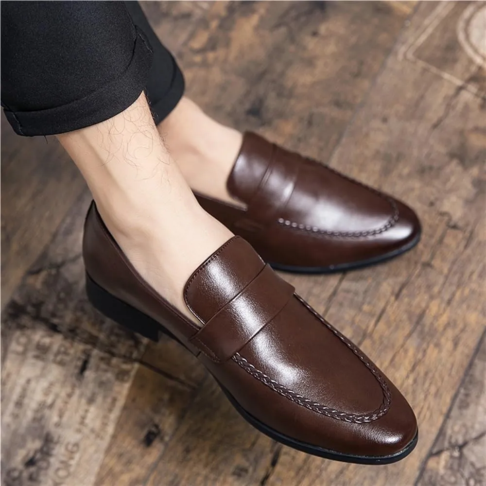 Men's Loafers Shoes Round Toe Simple PU Leather Slip Resistant Flexible Party Walking Slip-ons