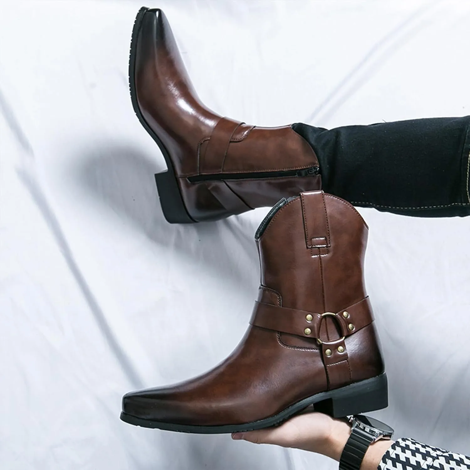 Men's Western Cowboy Boots - Fashion Pointed Toe Chunky Low Heel Belt Buckle Side Zipper Ankle Retro Classic Anti-Slip Short Boots