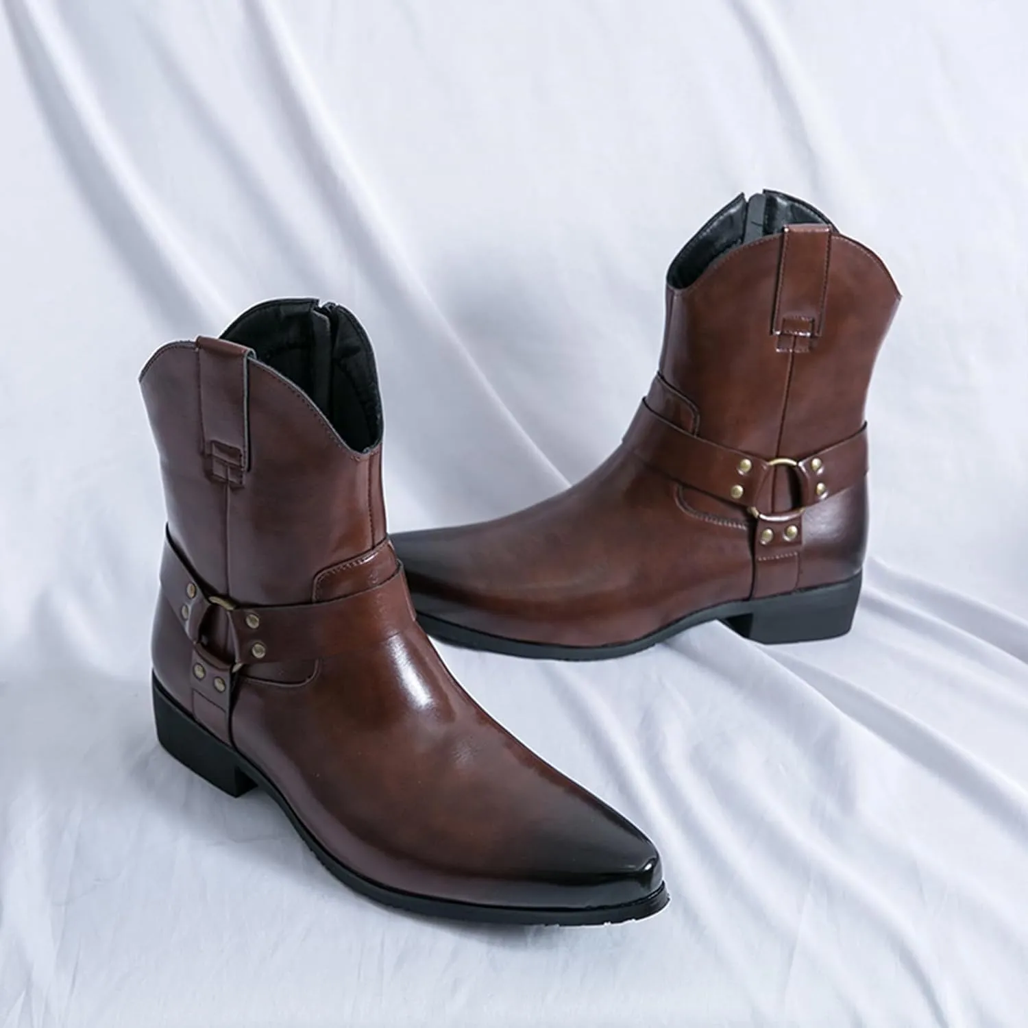 Men's Western Cowboy Boots - Fashion Pointed Toe Chunky Low Heel Belt Buckle Side Zipper Ankle Retro Classic Anti-Slip Short Boots
