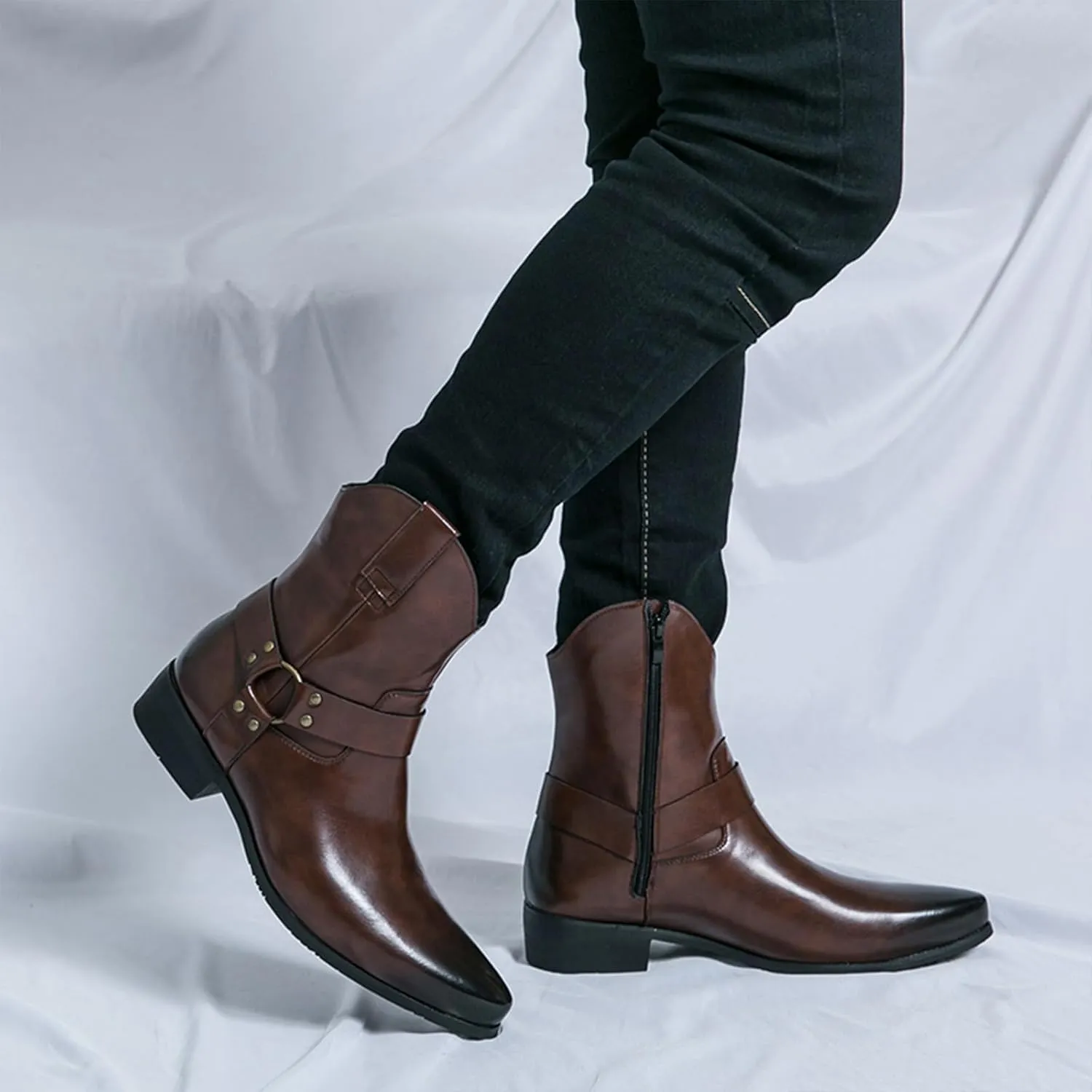 Men's Western Cowboy Boots - Fashion Pointed Toe Chunky Low Heel Belt Buckle Side Zipper Ankle Retro Classic Anti-Slip Short Boots