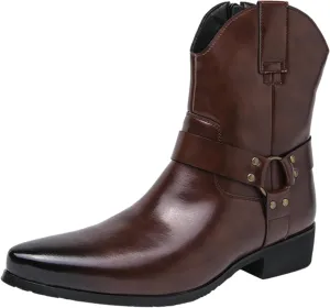 Men's Western Cowboy Boots - Fashion Pointed Toe Chunky Low Heel Belt Buckle Side Zipper Ankle Retro Classic Anti-Slip Short Boots