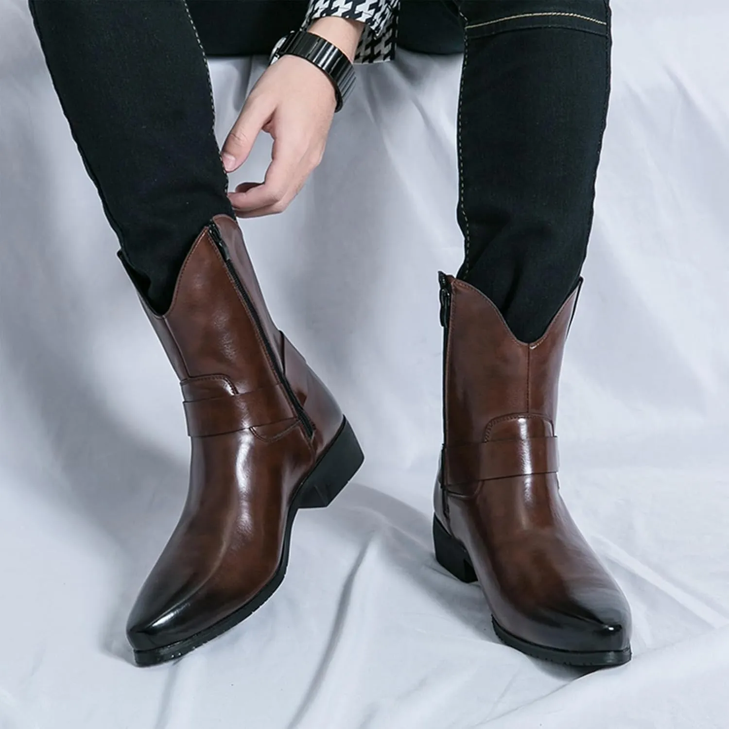 Men's Western Cowboy Boots - Fashion Pointed Toe Chunky Low Heel Belt Buckle Side Zipper Ankle Retro Classic Anti-Slip Short Boots